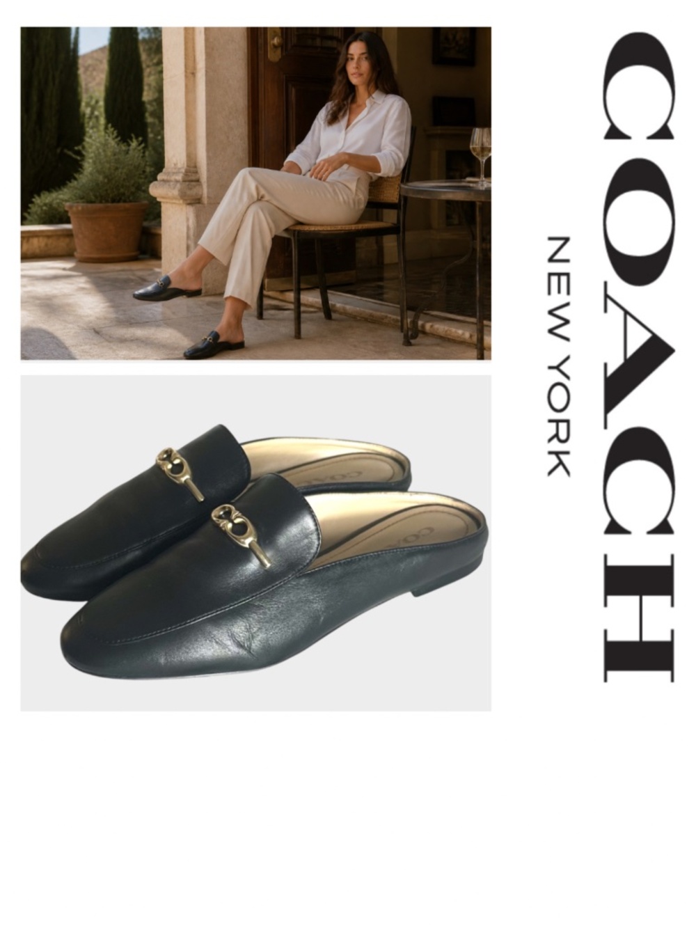 Coach Ready Slides Flats Loafers Shoes Mules Sz 7 B Black Leather Gold Logo